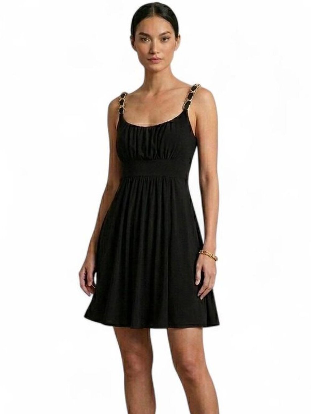 Arden B Black dress with gold chain straps